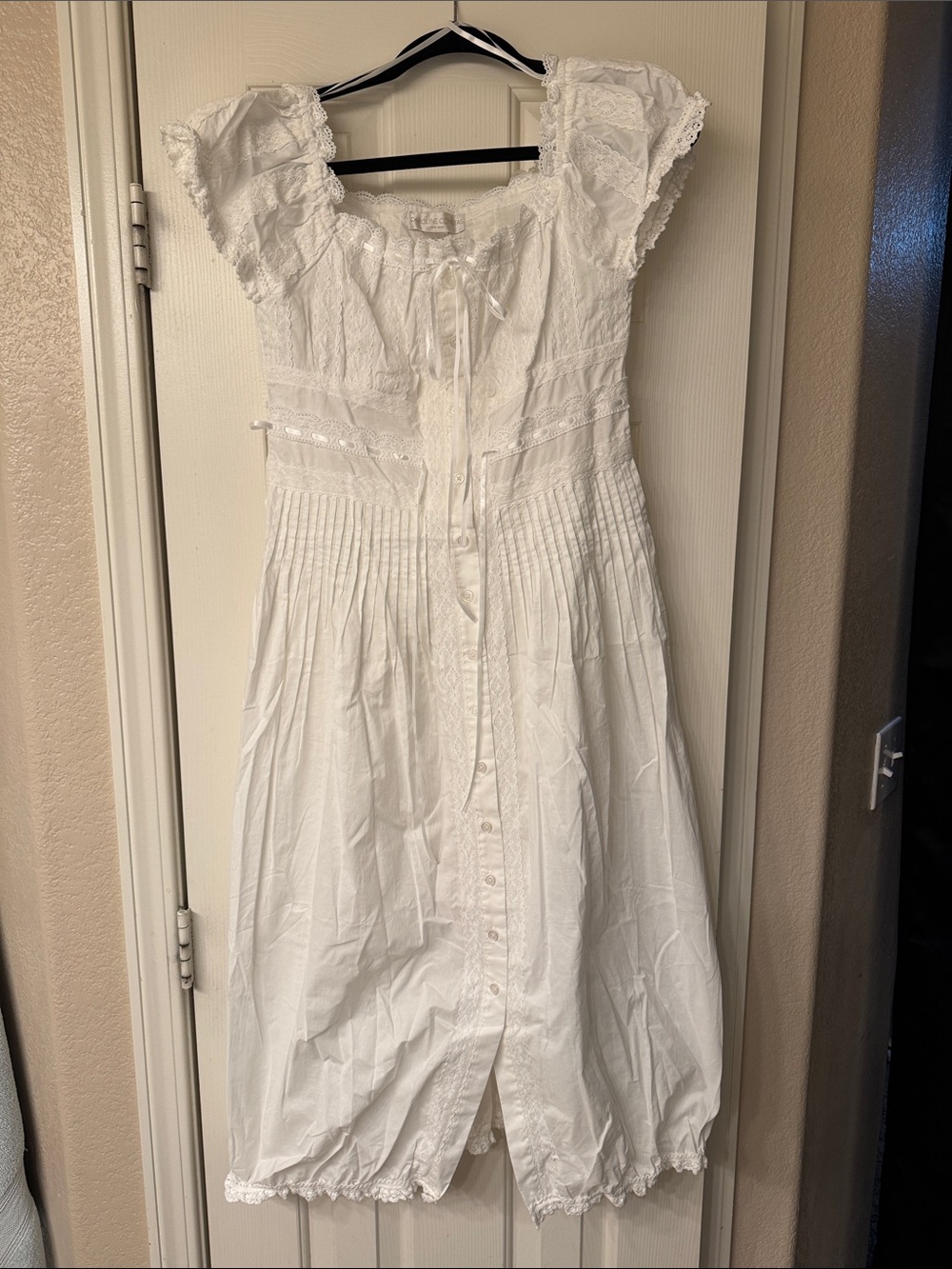 Caroline Constas White Cotton Midi Dress with Lace Trim